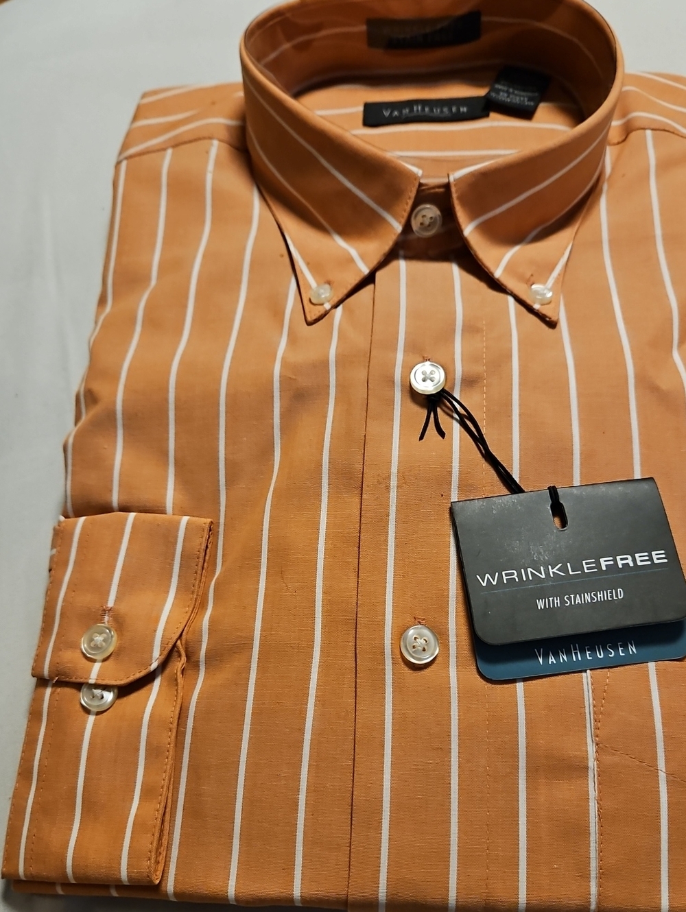 Van Heusen Pale Orange and White Striped Button-Down Dress Shirt
